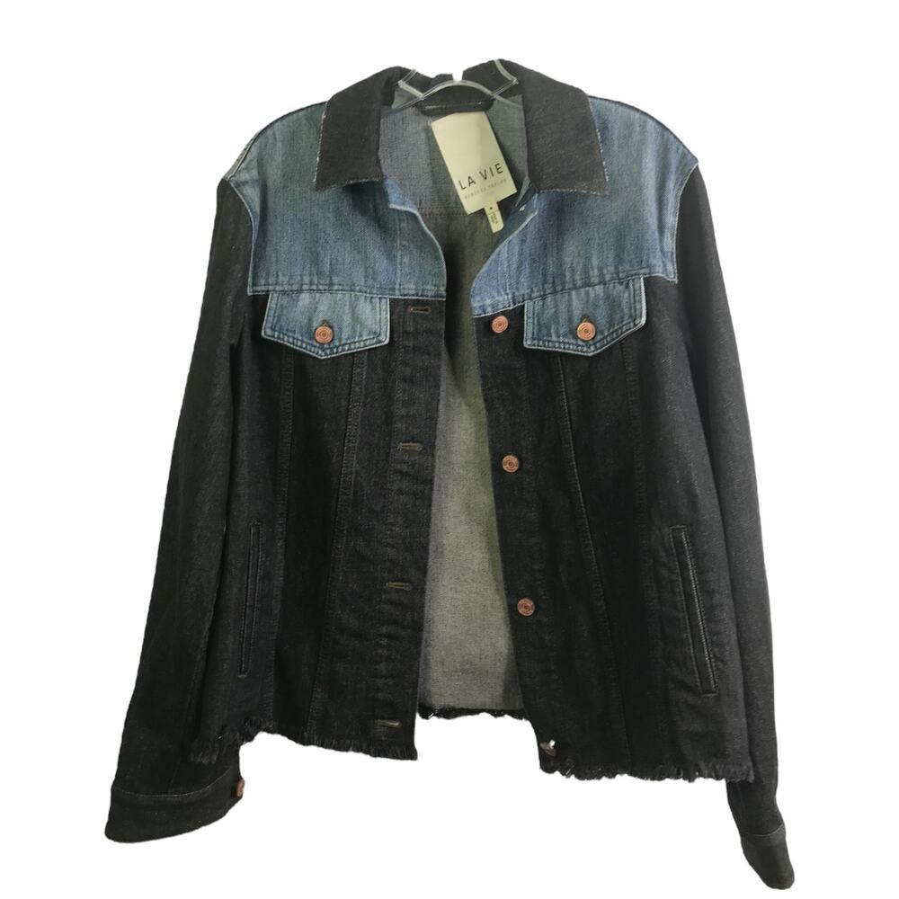 La Vie Rebecca Taylor Jean Jacket Womens M Black Blue Colorblock Denim Cotton